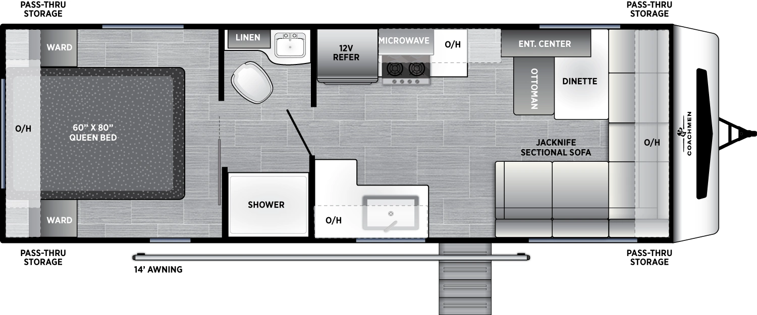 The Freedom Express Select 249SE floorplan has one entry and zero slide outs. Exterior features include: fiberglass exterior and 14' awning. Interiors features include: rear bedroom, front living and pass through bathroom.